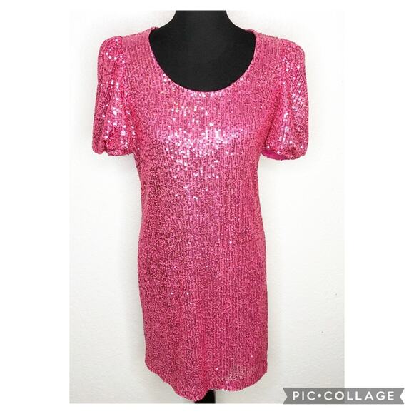 Boston Proper bright pink sequin puff sleeve sheath dress size 8 - Picture 1 of 16